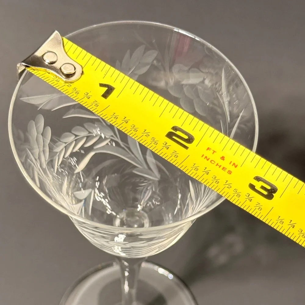 Vintage Etched Crystal Cordial Sherry Glasses Floral Leaf Long Stem Set of 8
